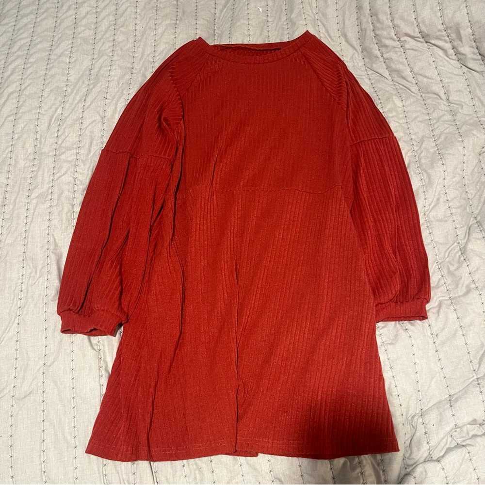 Red Ribbed Long Sleeve Dress